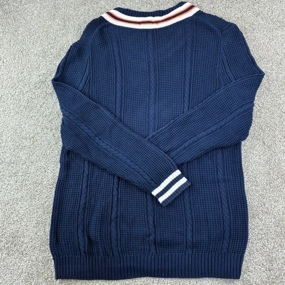 Club Room Mens L Cable Knit Cricket Sweater Navy V Neck Stripe Cotton Collegiate